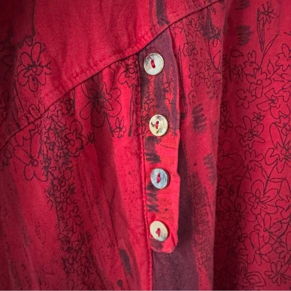 Vintage patchwork style button front Red babydoll Top 3/4 sleeves high low hem L - Picture 10 of 13